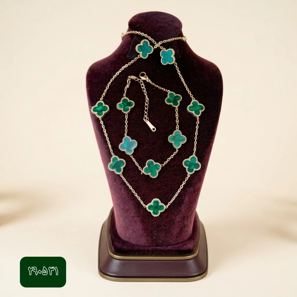 ست زنانه ونکلیف سبز دستبند و گردنبند 5 گل و گوشواره